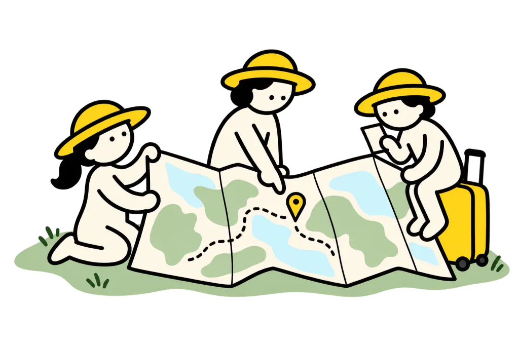 The travel committee unfolding a map together.