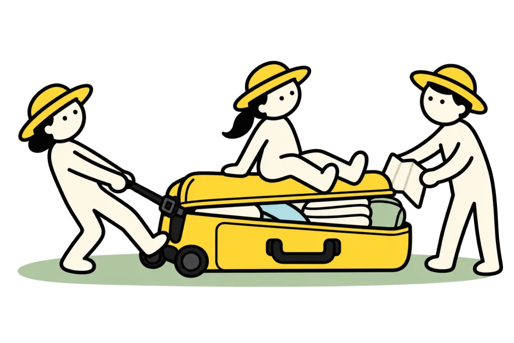 The travel committee trying to close their suitcase.