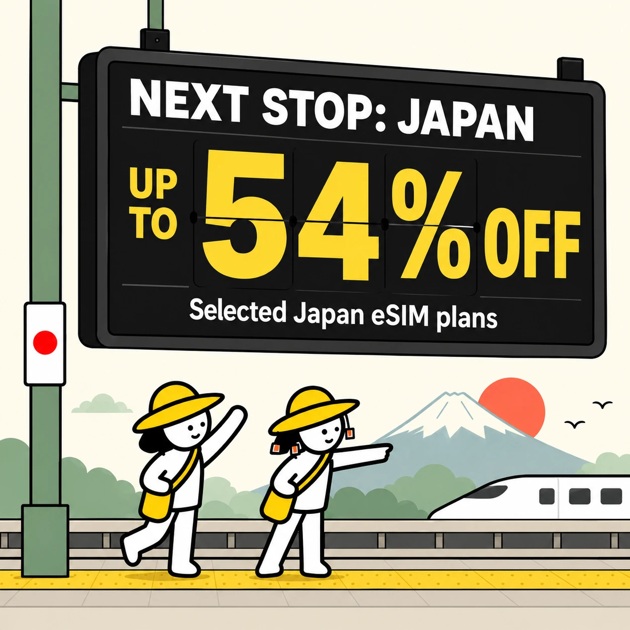 Next stop Japan: up to 54% off selected Japan eSIM plans. Two travellers point towards a Shinkansen and Mount Fuji.