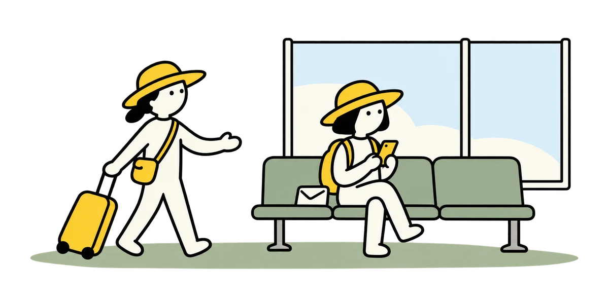 A traveller joins a companion using their phone on an airport bench