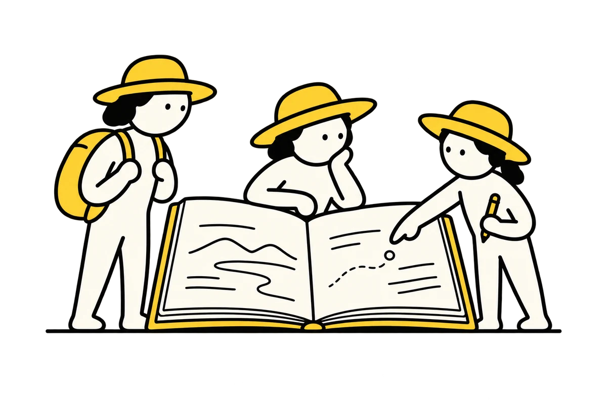 Travellers consult an open guide