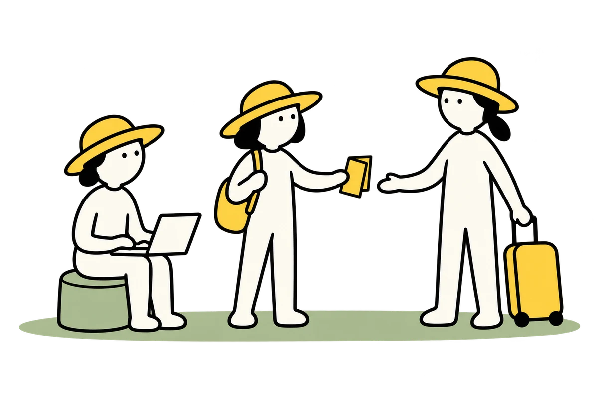 Three travellers exchange a useful recommendation