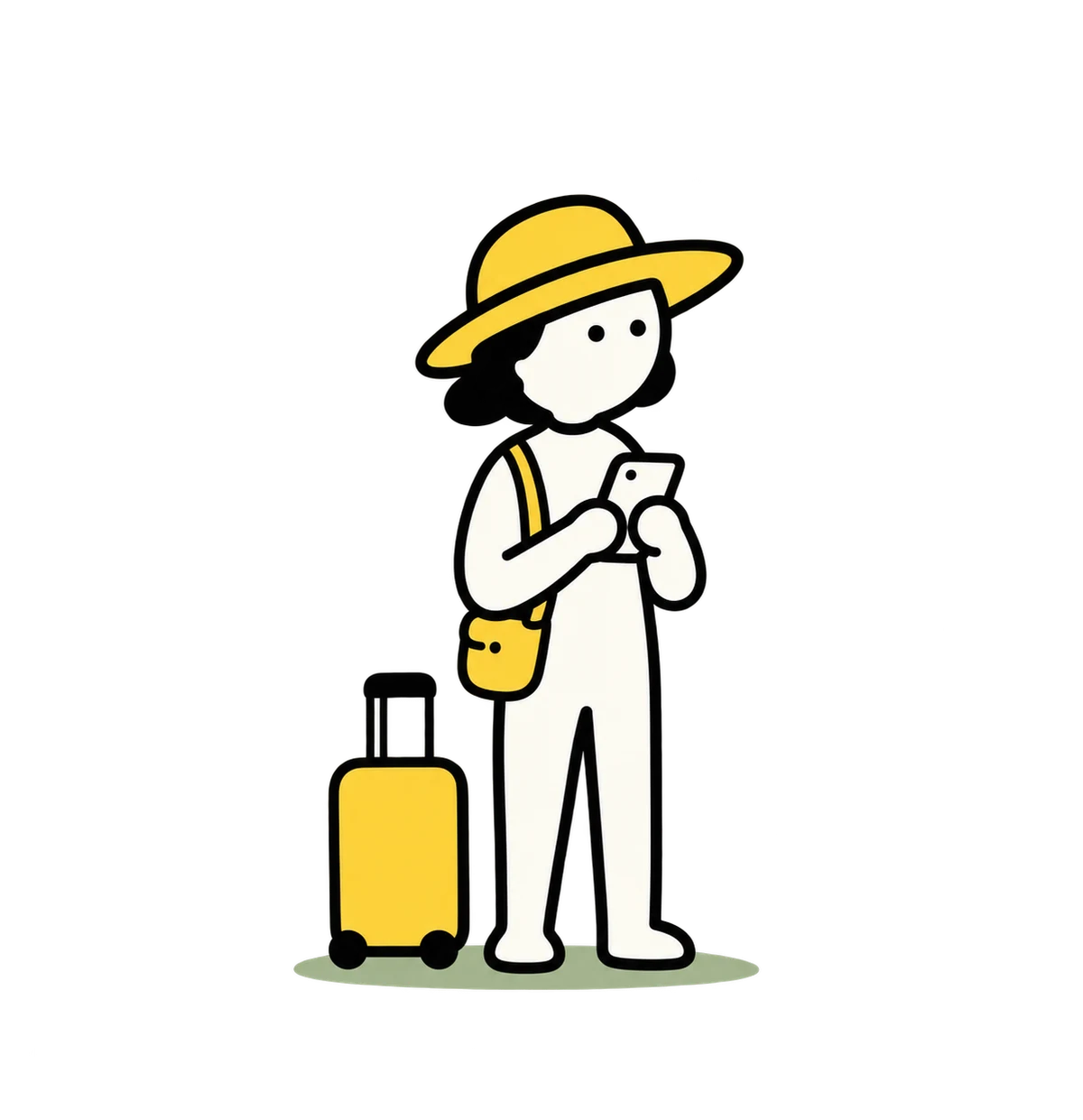 A traveller checks their phone beside a small travel bag
