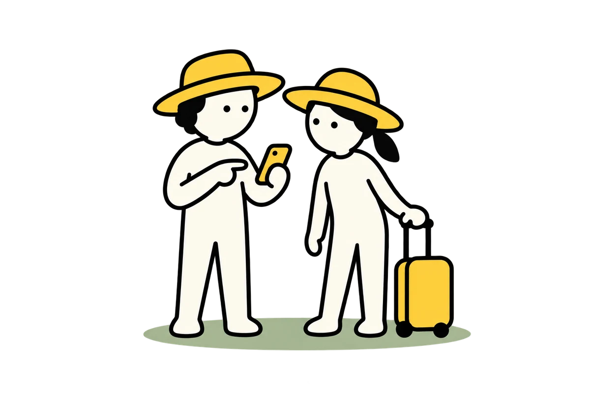 Two travellers work through a phone question together