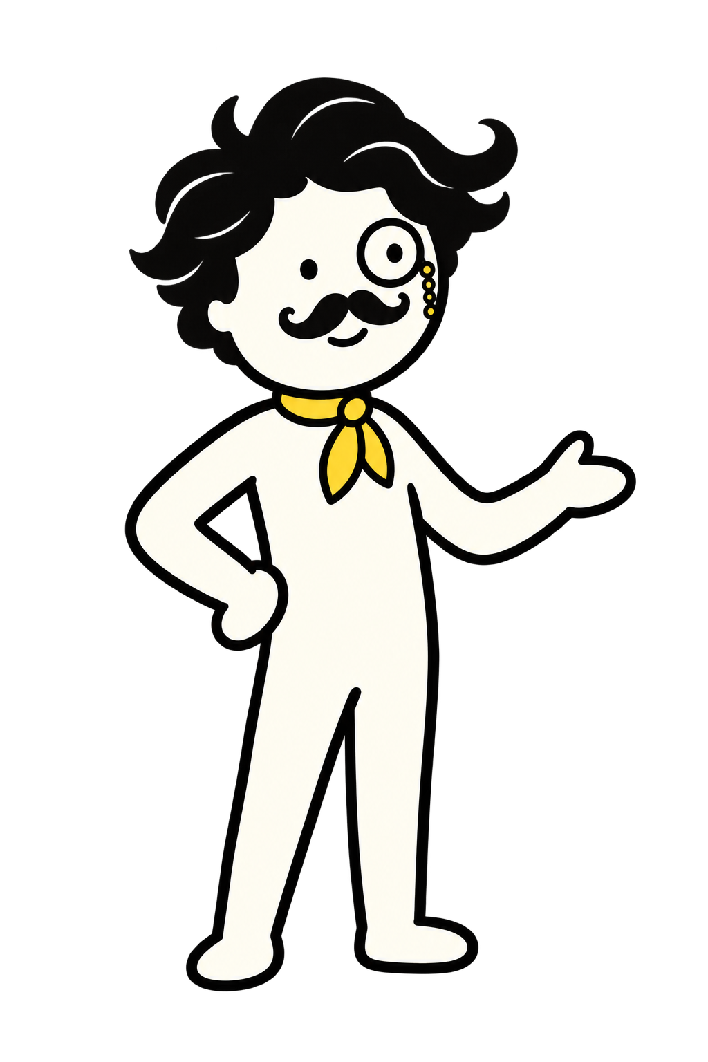 An illustrated Lachlan, with wavy hair, a moustache, monocle and a grin
