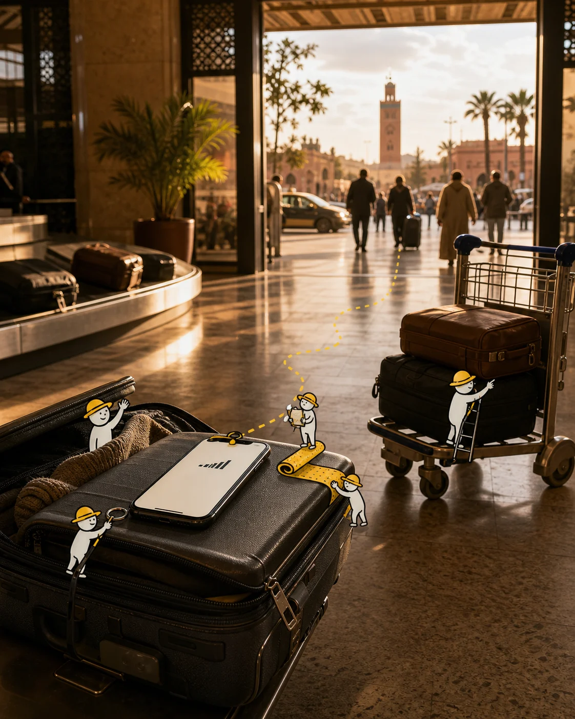 Tiny illustrated travellers getting connected after landing in a realistic airport scene.