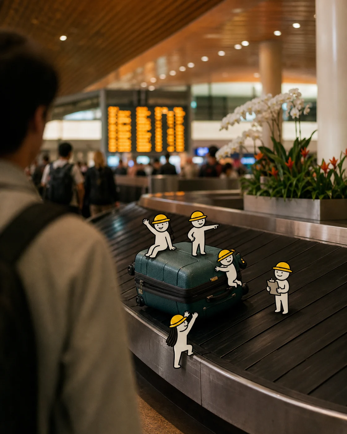 Tiny illustrated travellers getting connected after landing in a realistic airport scene.