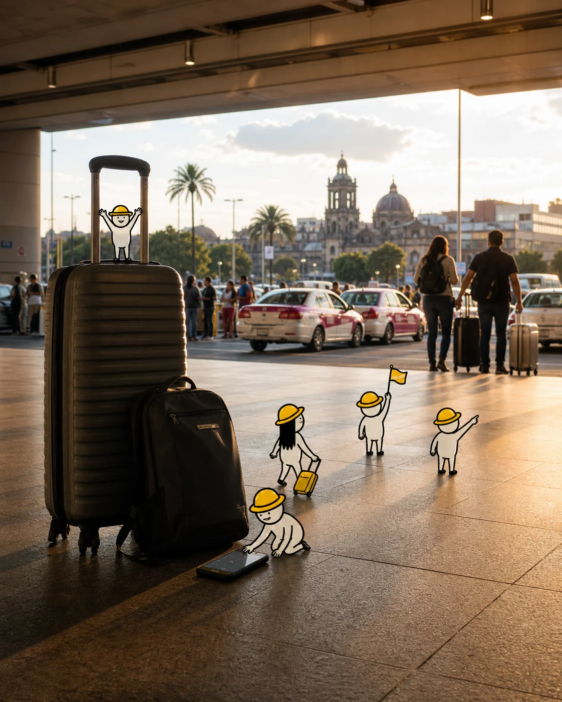 Tiny illustrated travellers getting connected after landing in a realistic airport scene.