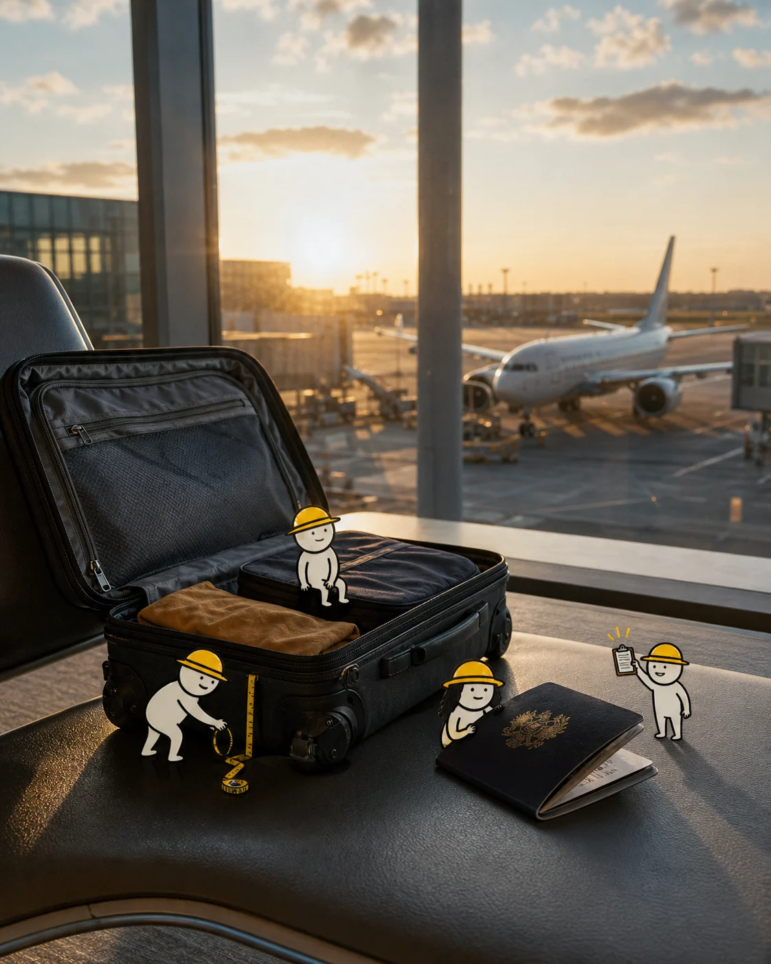 Tiny illustrated travellers preparing for a trip in a realistic airport scene.