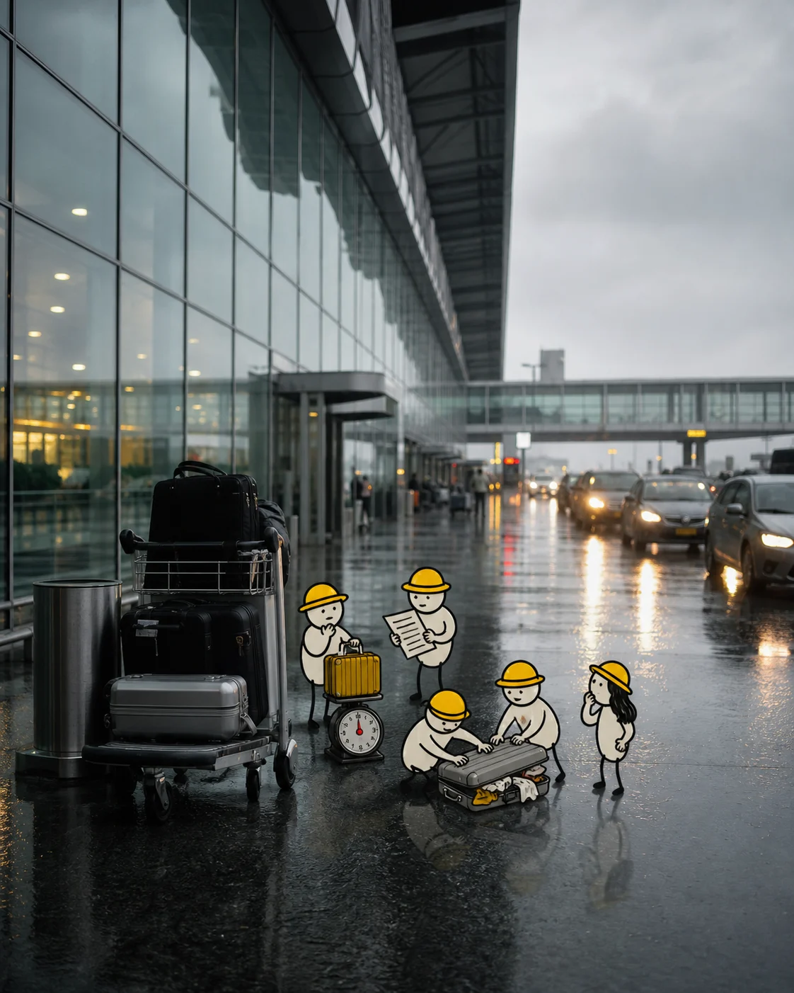 Tiny illustrated travellers preparing for a trip in a realistic airport scene.