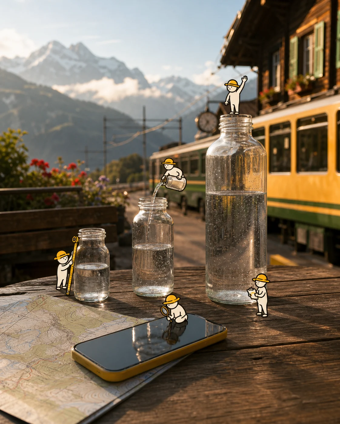Tiny illustrated travellers comparing data plans in a realistic travel setting.