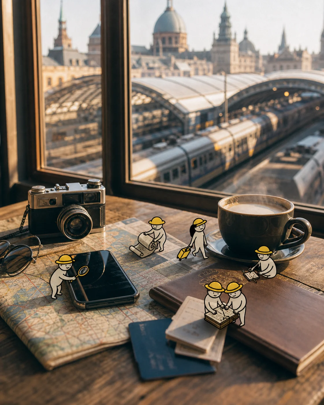 Tiny illustrated travellers comparing data plans in a realistic travel setting.