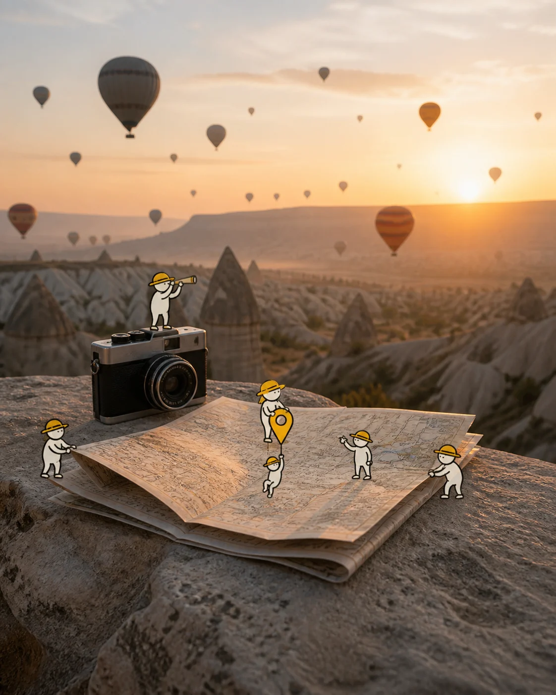 Tiny illustrated travellers exploring a realistic destination from around the world.