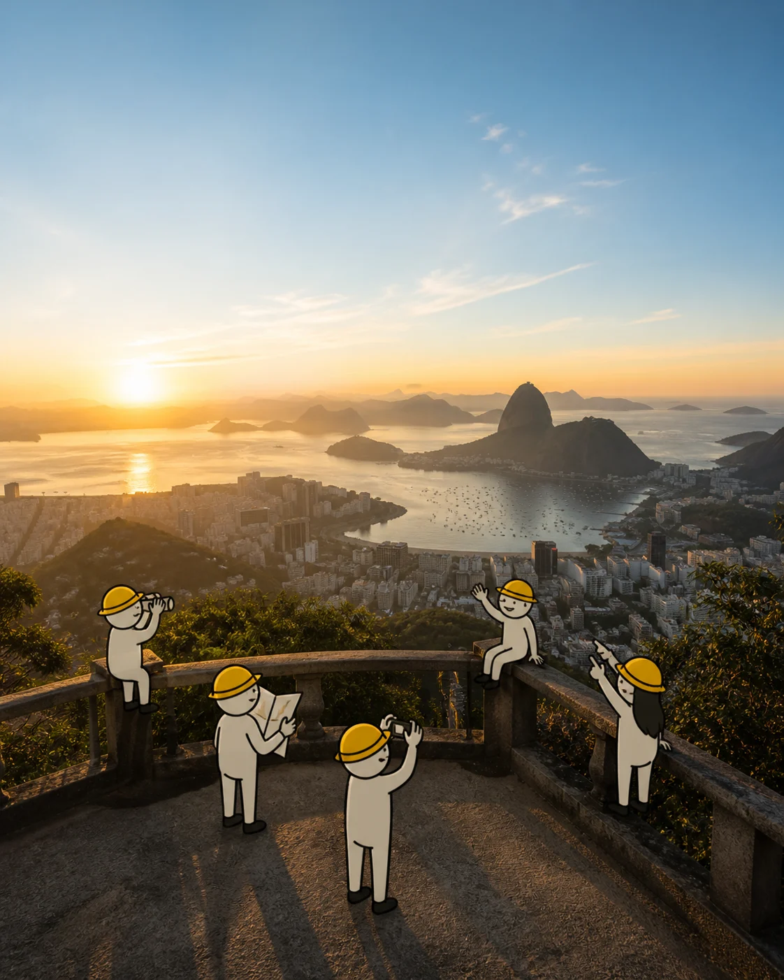 Tiny illustrated travellers exploring a realistic destination from around the world.