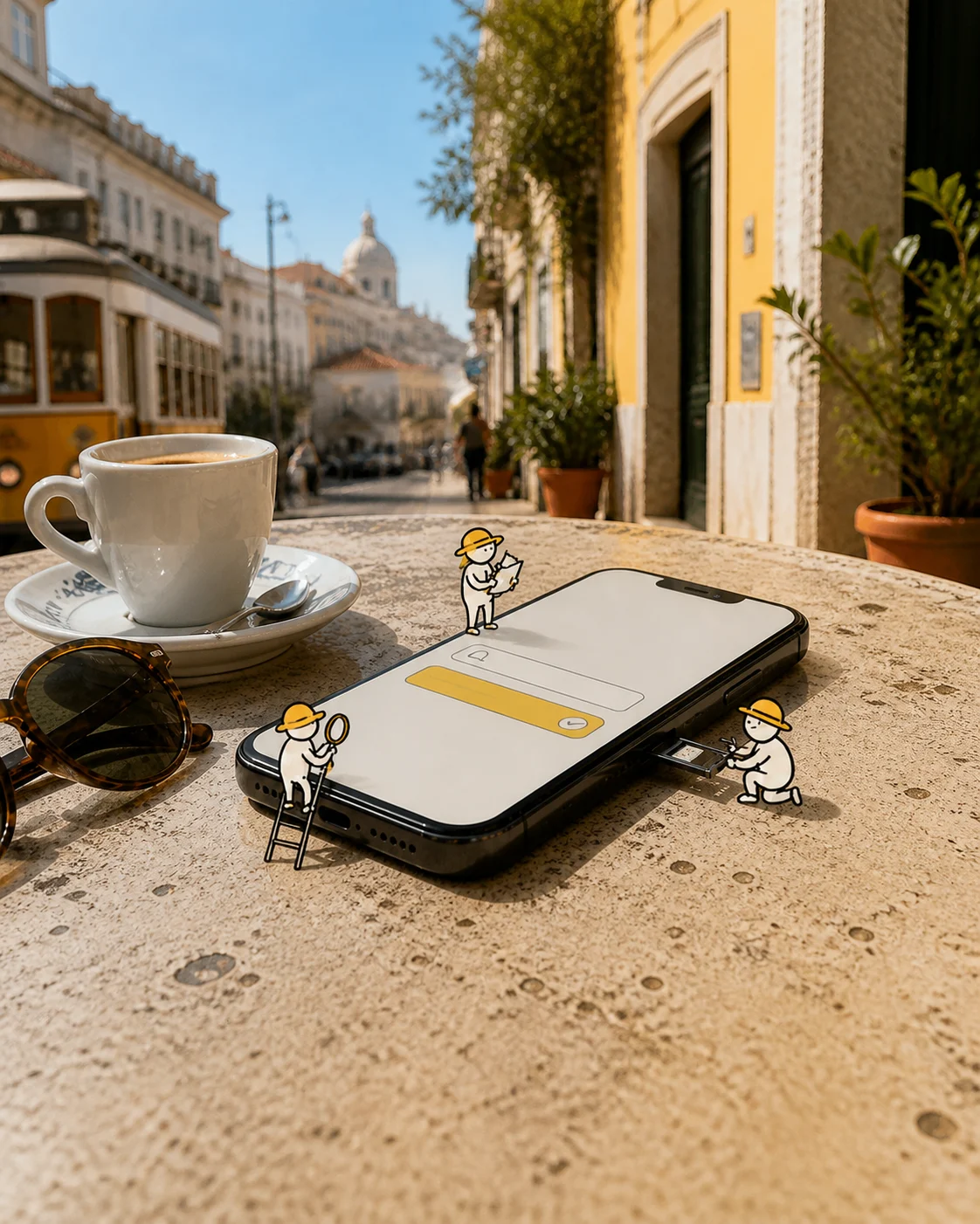 Tiny illustrated phone inspectors checking a mobile phone in a realistic travel scene.