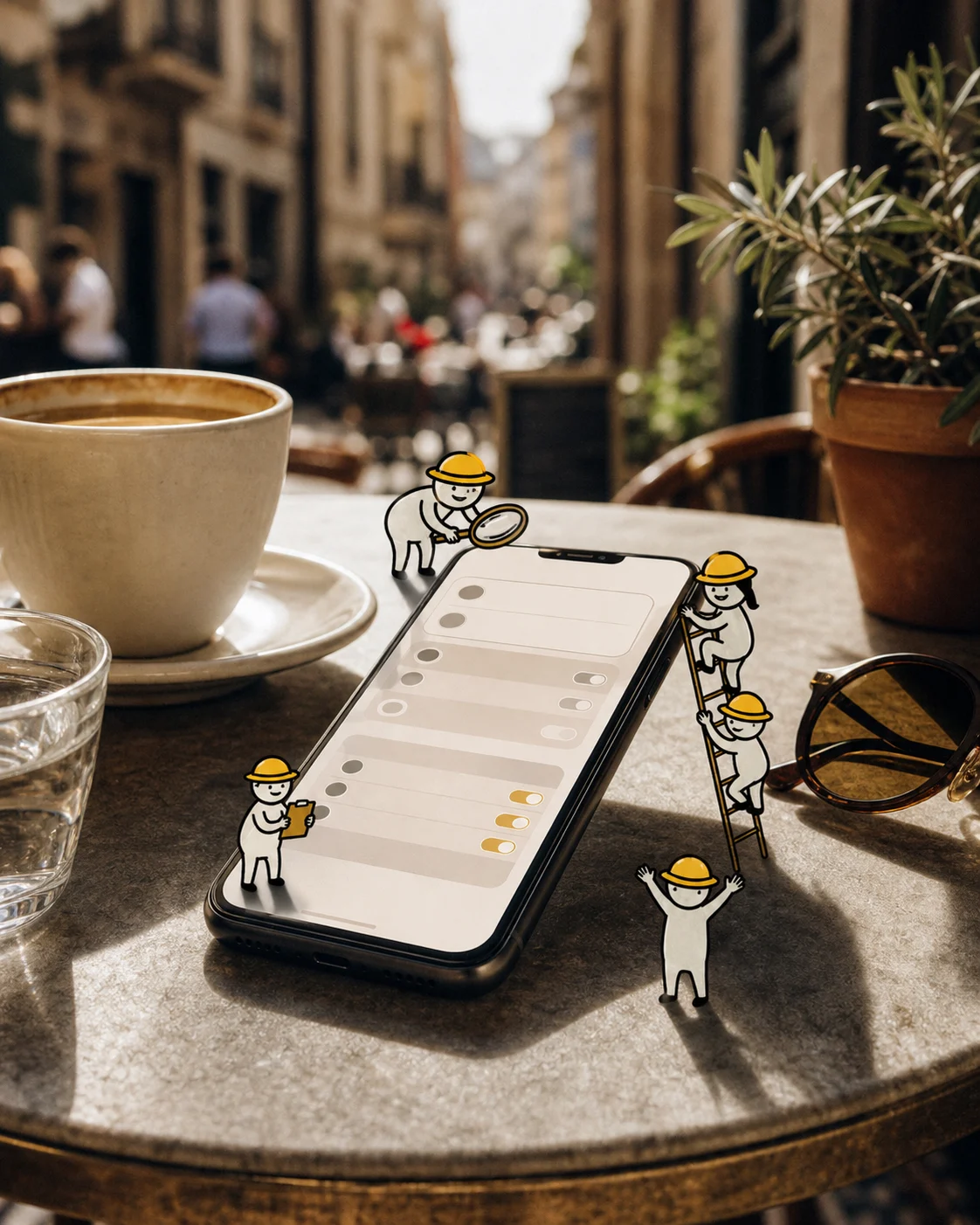 Tiny illustrated phone inspectors checking a mobile phone in a realistic travel scene.