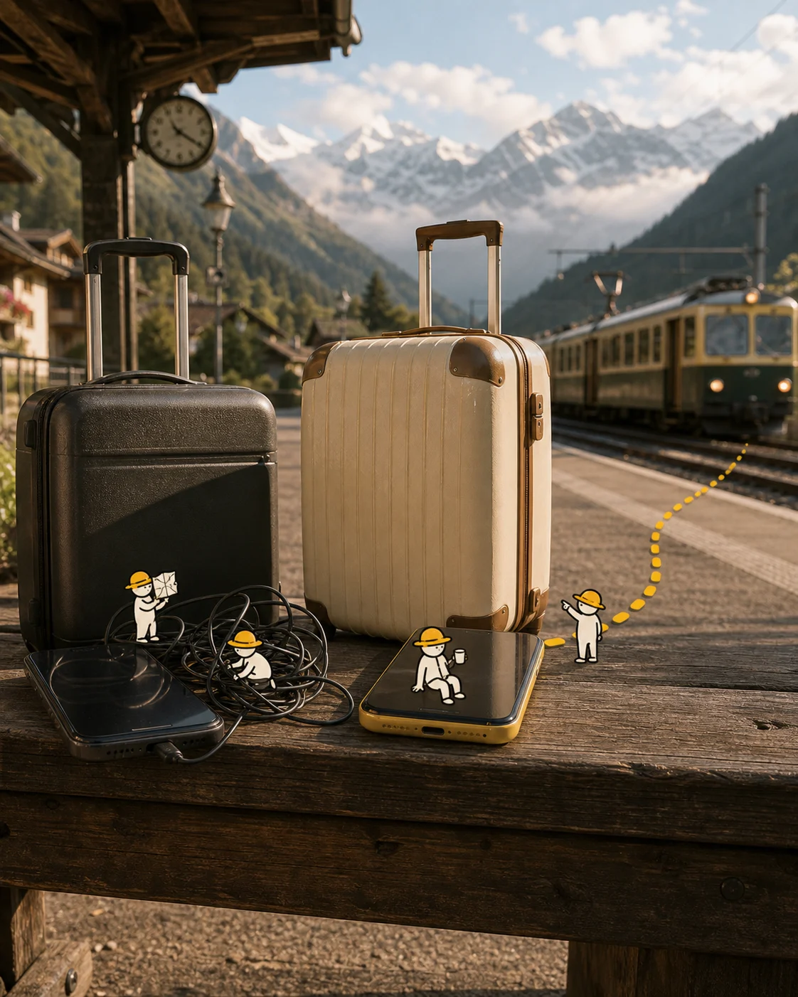Tiny illustrated travellers comparing roaming and eSIM options in a realistic travel scene.