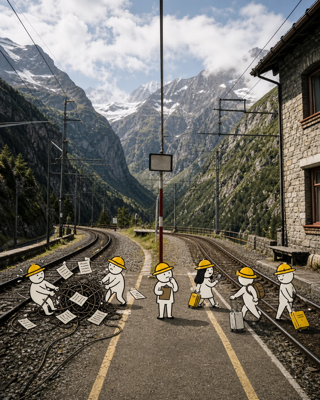 Tiny illustrated travellers comparing roaming and eSIM options in a realistic travel scene.