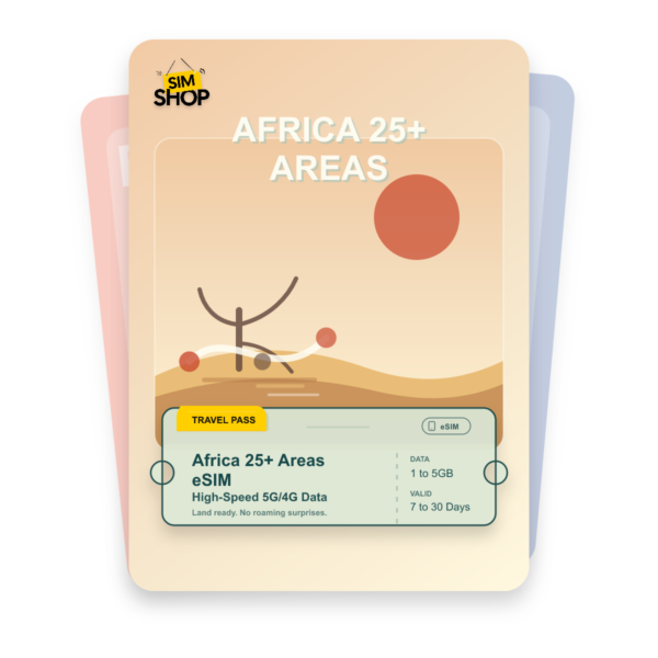 Africa 25+ Areas eSIM travel pass showing 1 to 5GB data, valid for 7 to 30 days.