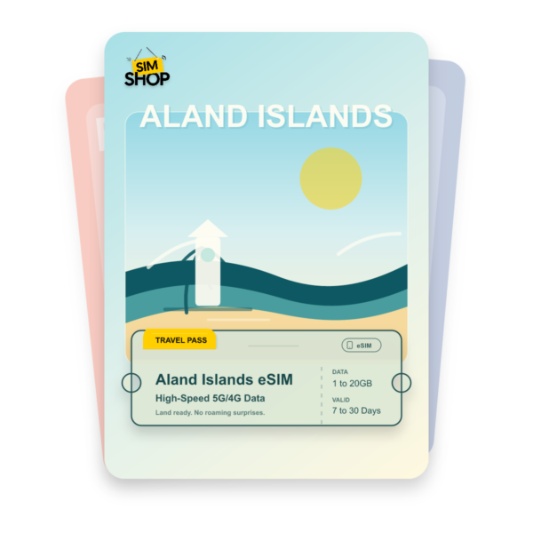 Aland Islands eSIM travel pass showing 1 to 20GB data, valid for 7 to 30 days.
