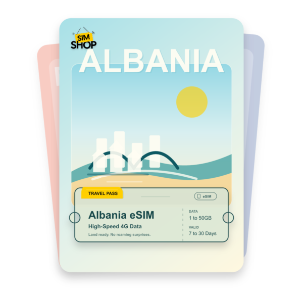 Albania eSIM travel pass showing 1 to 50GB data, valid for 7 to 30 days.