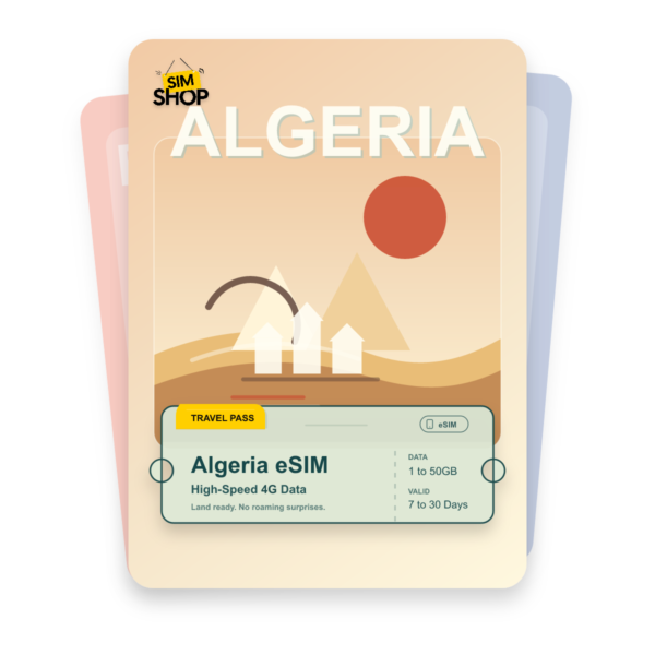 Algeria eSIM travel pass showing 1 to 50GB data, valid for 7 to 30 days.