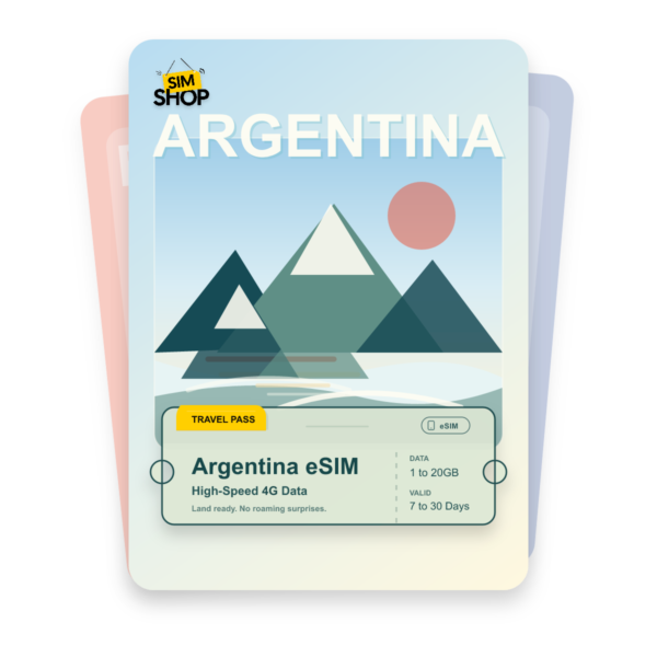Argentina eSIM travel pass showing 1 to 20GB data, valid for 7 to 30 days.
