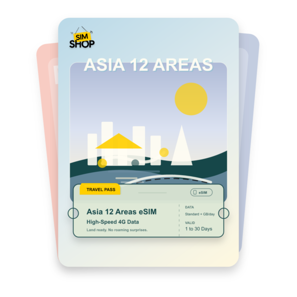 Asia 12 Areas eSIM travel pass showing Standard + GB/day data, valid for 1 to 30 days.