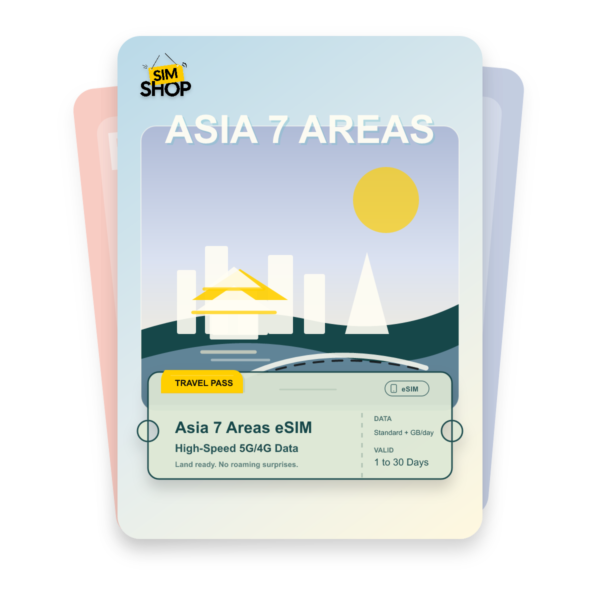 Asia 7 Areas eSIM travel pass showing Standard + GB/day data, valid for 1 to 30 days.