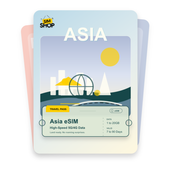 Asia eSIM travel pass showing 1 to 20GB data, valid for 7 to 90 days.