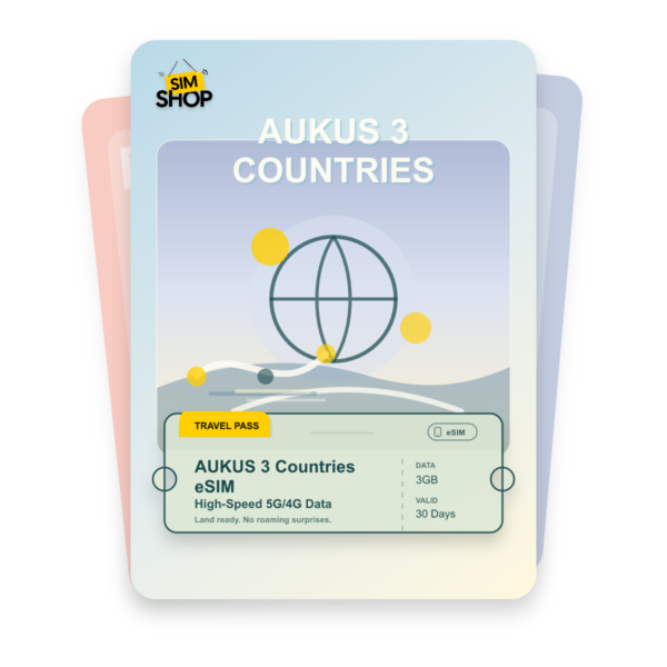 AUKUS 3 Countries eSIM travel pass showing 3GB data, valid for 30 days.