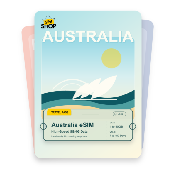 Australia eSIM travel pass showing 1 to 50GB data, valid for 7 to 180 days.