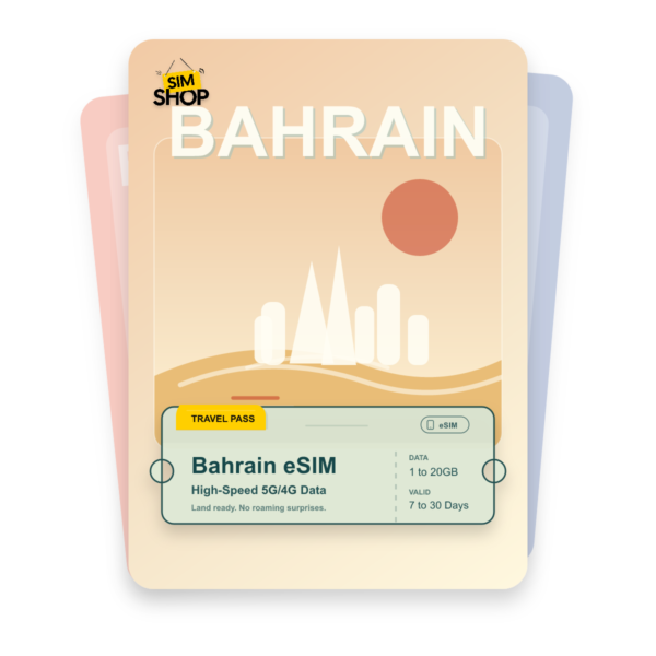 Bahrain eSIM travel pass showing 1 to 20GB data, valid for 7 to 30 days.