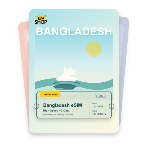 Bangladesh eSIM travel pass showing 1 to 20GB data, valid for 7 to 30 days.
