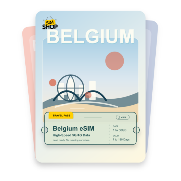 Belgium eSIM travel pass showing 1 to 50GB data, valid for 7 to 180 days.