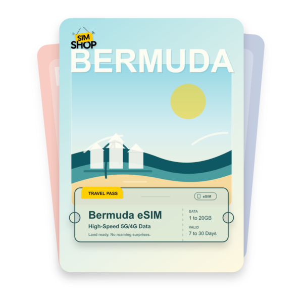 Bermuda eSIM travel pass showing 1 to 20GB data, valid for 7 to 30 days.