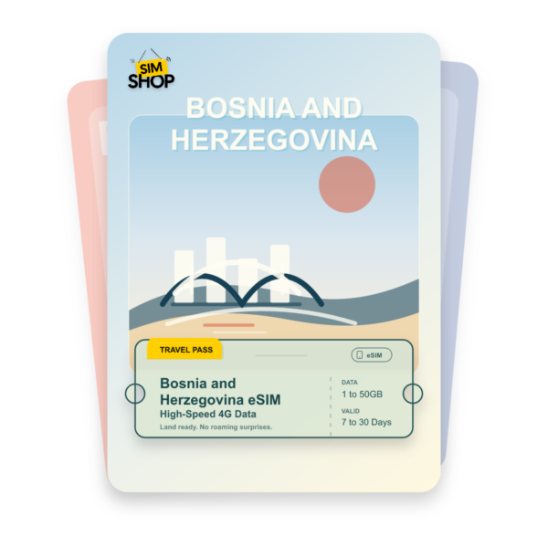 Bosnia and Herzegovina eSIM travel pass showing 1 to 50GB data, valid for 7 to 30 days.