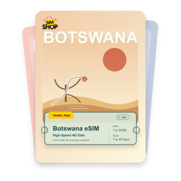 Botswana eSIM travel pass showing 1 to 20GB data, valid for 7 to 30 days.
