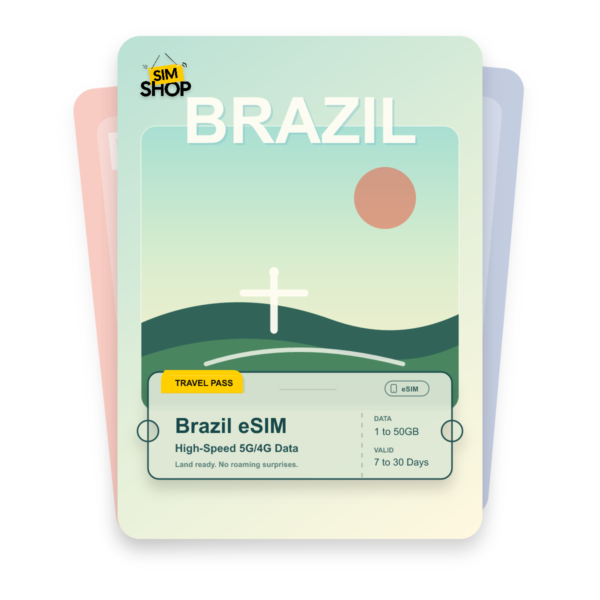 Brazil eSIM travel pass showing 1 to 50GB data, valid for 7 to 30 days.