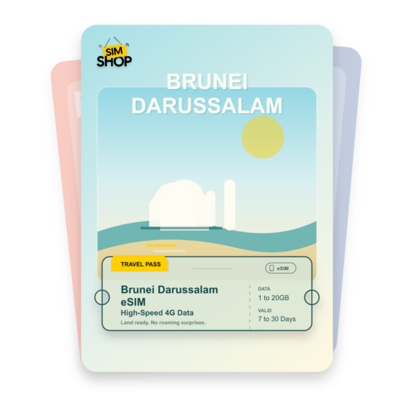 Brunei Darussalam eSIM travel pass showing 1 to 20GB data, valid for 7 to 30 days.