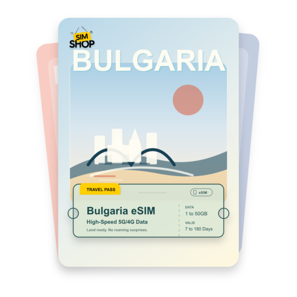 Bulgaria eSIM travel pass showing 1 to 50GB data, valid for 7 to 180 days.