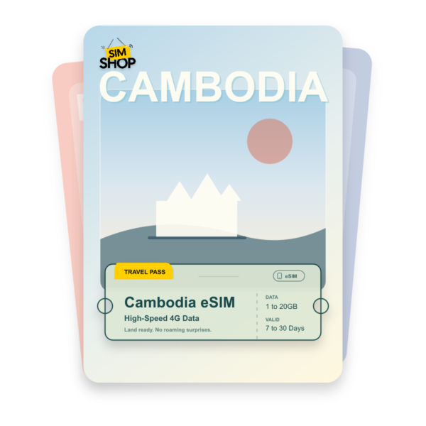 Cambodia eSIM travel pass showing 1 to 20GB data, valid for 7 to 30 days.