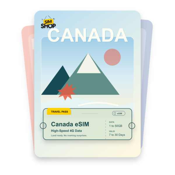 Canada eSIM travel pass showing 1 to 50GB data, valid for 7 to 30 days.