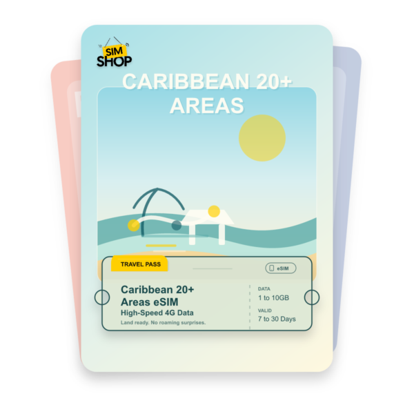 Caribbean 20+ Areas eSIM travel pass showing 1 to 10GB data, valid for 7 to 30 days.