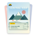 Central Asia eSIM travel pass showing Standard + GB/day data, valid for 1 to 30 days.