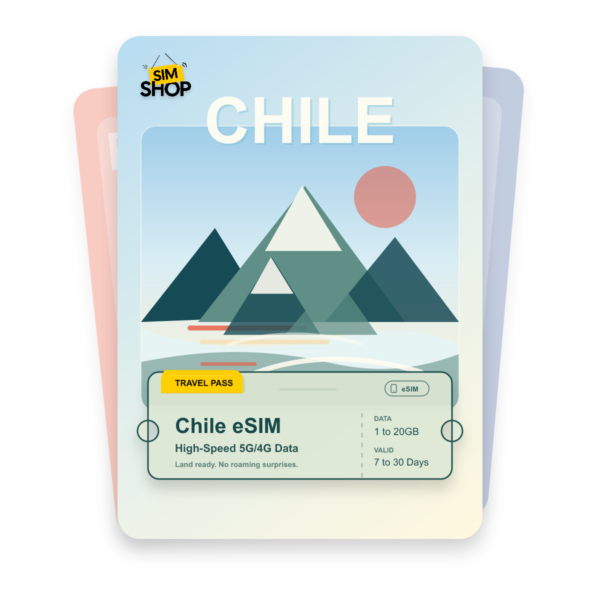 Chile eSIM travel pass showing 1 to 20GB data, valid for 7 to 30 days.