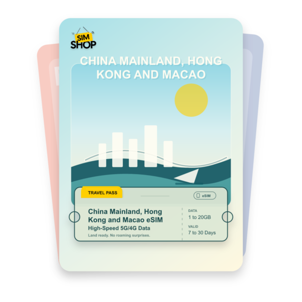 China Mainland, Hong Kong and Macao eSIM travel pass showing 1 to 20GB data, valid for 7 to 30 days.