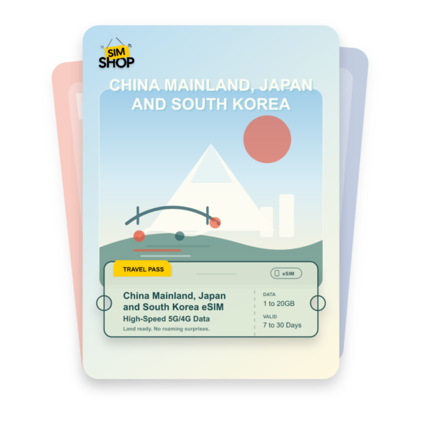 China Mainland, Japan and South Korea eSIM travel pass showing 1 to 20GB data, valid for 7 to 30 days.