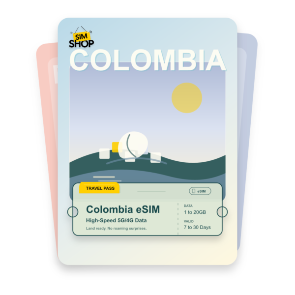 Colombia eSIM travel pass showing 1 to 20GB data, valid for 7 to 30 days.