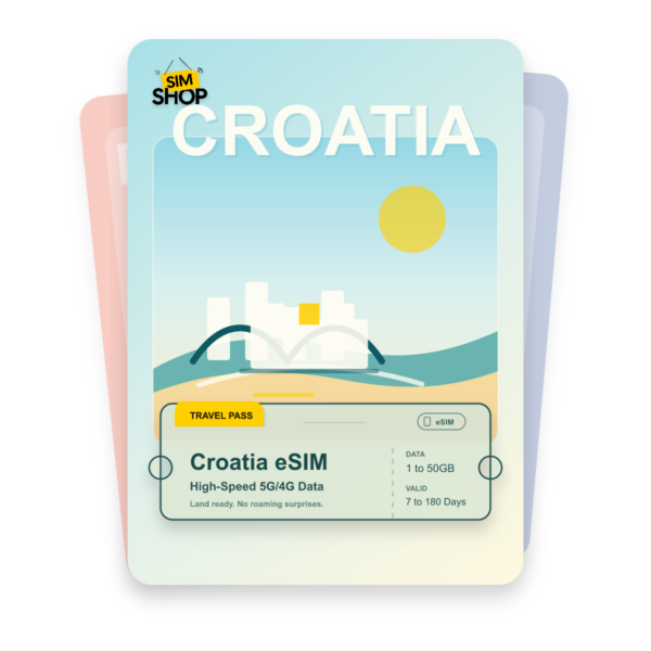Croatia eSIM travel pass showing 1 to 50GB data, valid for 7 to 180 days.
